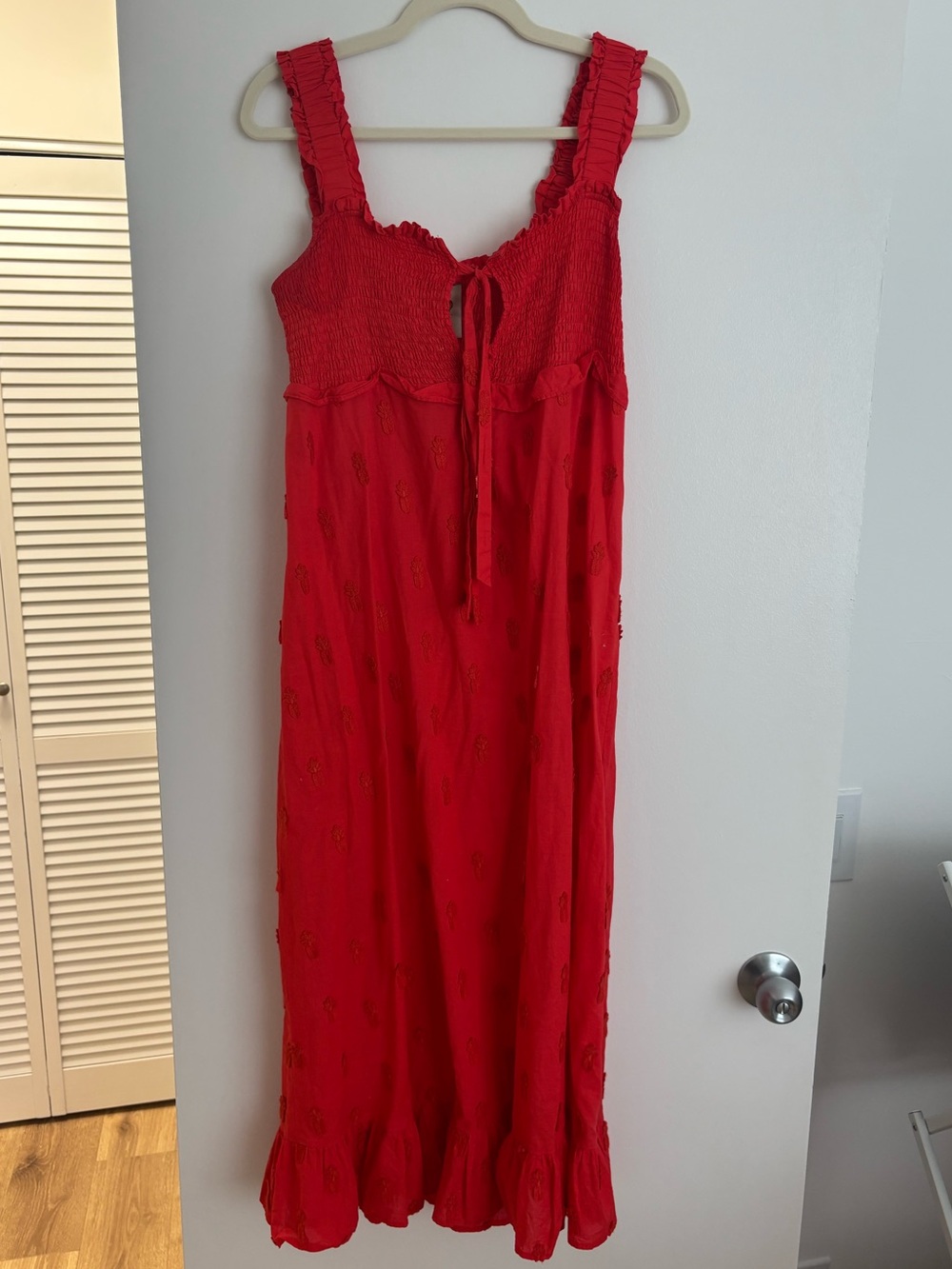 Red Ruffle Midi Dress with Front Bow - Picture 5 of 8